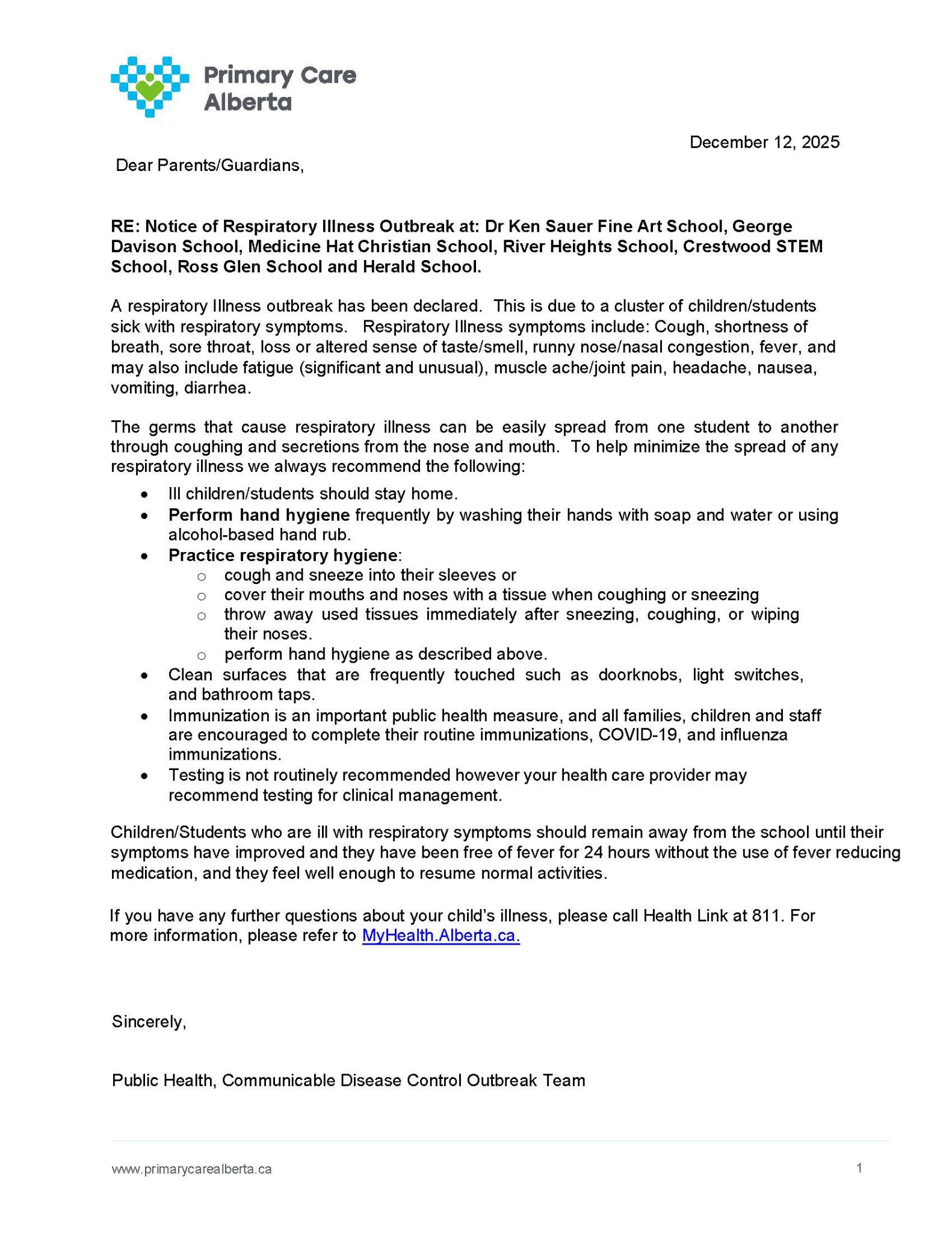 School RIO notice to parents ALL SCHOOL ON OUTBREAK 